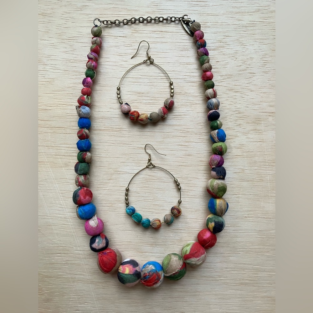 Colorful Fabric-Beaded Necklace and Earring Set